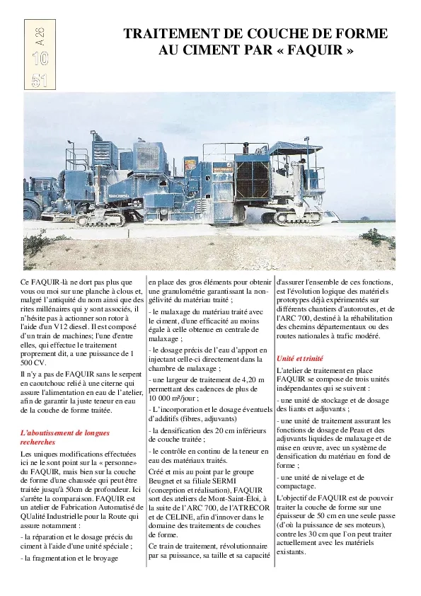 Traitement de couche de forme au ciment par "Faquir"