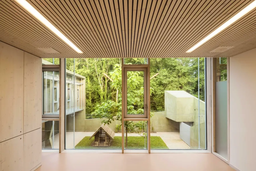 L’ensemble des bureaux et salles de consultation profite  d’une vue sur l’extérieur, ici sur le bois.  